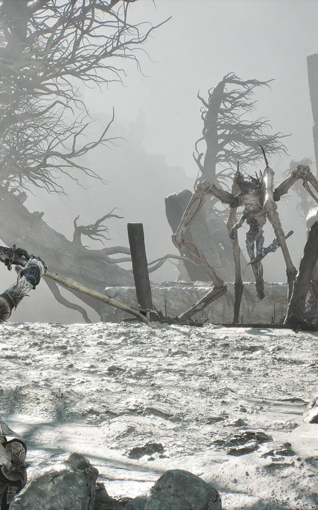 Official Mortal Shell II screenshot of an armored shell crossing a pale ruined landscape toward a towering enemy