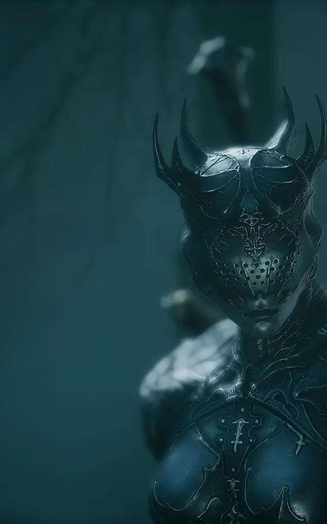 Proxima the Broodseeker wearing her horned mask in Mortal Shell II