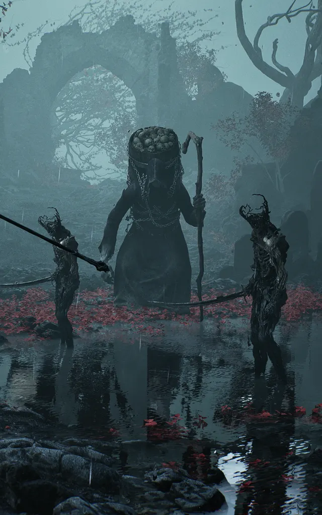 Official Mortal Shell II screenshot of a warrior facing enemies in a misty swamp covered with red leaves